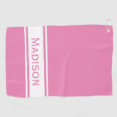 Serviette De Golf Pink White Stripe Nom moderne Monogramme (Horizontal)