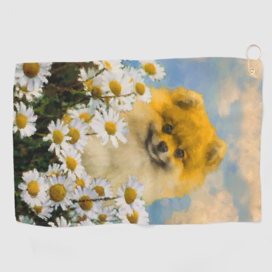 Serviette De Golf Poméranien dans Daisies Peinture - Art Chien origi (Horizontal)