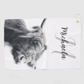 Serviette De Golf Portrait de vache Highland premier monogramme noir (Horizontal)