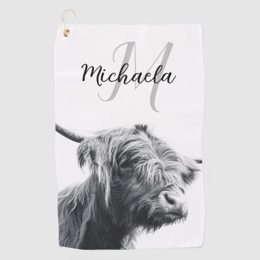 Serviette De Golf Portrait de vache Highland premier monogramme noir (Devant)