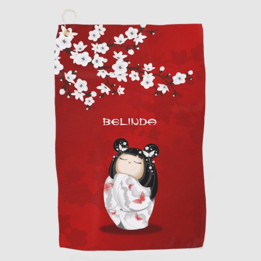 Serviette De Golf Poupée Kokeshi Rouge noir blanc cerisier  (Devant)