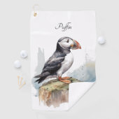 Serviette De Golf Puffin sur une aquarelle rocheuse, personnalisé (En situation)