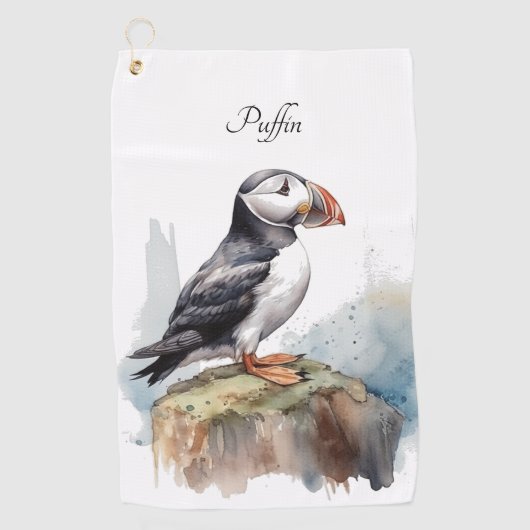 Serviette De Golf Puffin sur une aquarelle rocheuse, personnalisé (Devant)