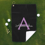 Serviette De Golf Purple Black Script Girl Nom du monogramme<br><div class="desc">Nom Monogramme noir et violet serviette de golf. Cela rend le cadeau parfait pour 16 ans,  mariage,  douche nuptiale,  anniversaire,  baby shower ou bachelorette pour quelqu'un qui aime le luxe glam et les styles chic.</div>