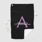Serviette De Golf Purple Black Script Girl Nom du monogramme (En situation)