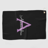 Serviette De Golf Purple Black Script Girl Nom du monogramme (Horizontal)