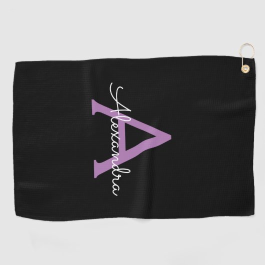 Serviette De Golf Purple Black Script Girl Nom du monogramme (Horizontal)