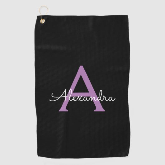 Serviette De Golf Purple Black Script Girl Nom du monogramme (Devant)