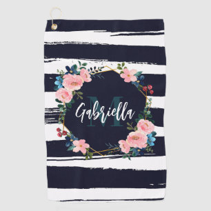 Serviette De Golf Rayures Et Monogramme De Cadre Floral