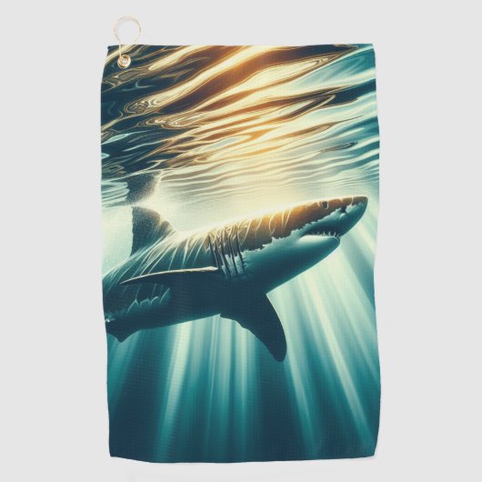 Serviette De Golf Requin dans la mer bleue profonde & soleil (Devant)