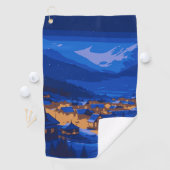 Serviette De Golf Retro Village Mountain Blue Gold Paysage (En situation)