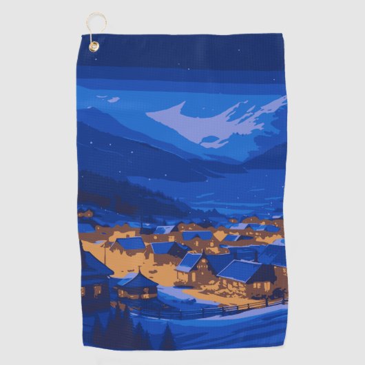 Serviette De Golf Retro Village Mountain Blue Gold Paysage (Devant)