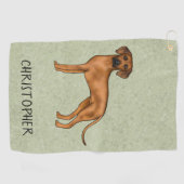 Serviette De Golf Ridback Rhodésien Chien Brun Mignon Avec Nom Vert (Horizontal)
