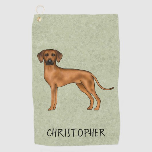 Serviette De Golf Ridback Rhodésien Chien Brun Mignon Avec Nom Vert (Devant)