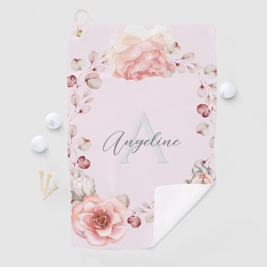 Serviette De Golf Rose d'aquarelle Wreath personnalisée | Rose (En situation)