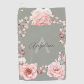 Serviette De Golf Rose d'aquarelle Wreath personnalisée | Vert sage (Devant)