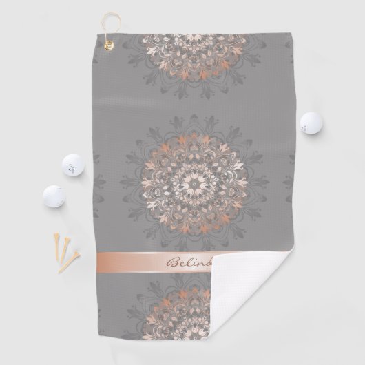 Serviette De Golf Rose Gold Grey Floral Mandala Monogramme (En situation)