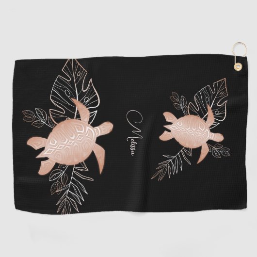 Serviette De Golf Rose Gold Sea Turtle Black Votre nom (Horizontal)