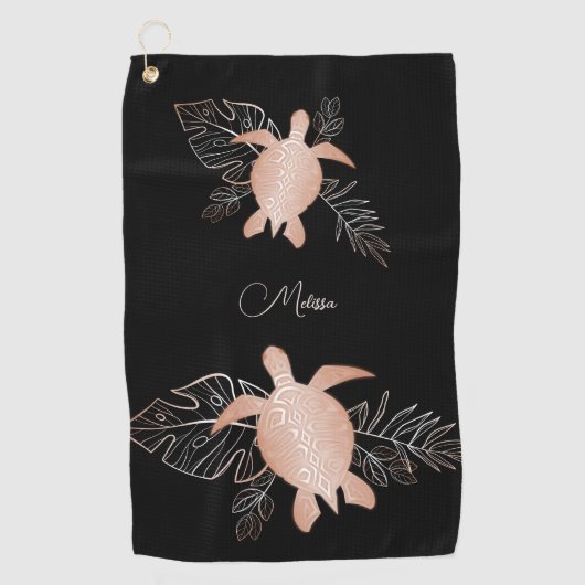 Serviette De Golf Rose Gold Sea Turtle Black Votre nom (Devant)