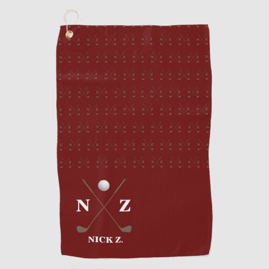 serviette de golf rouge foncé avec son nom & initi (Devant)