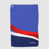 Serviette De Golf Rouge moderne, Blanc, Marine Blue Golfer Monogramm (Devant)