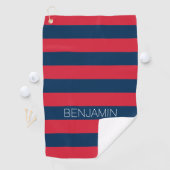 Serviette De Golf Rugby bleu marine et rouge avec nom personnalisé (En situation)