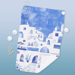 Serviette De Golf Santorin Oia Ile grecque Aquarelle Townscape
