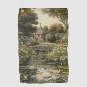 Serviette De Golf Scène botanique de cygnes dans un jardin anglais