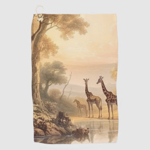 Serviette De Golf Scène botanique vintage de girafes au bord du fleu