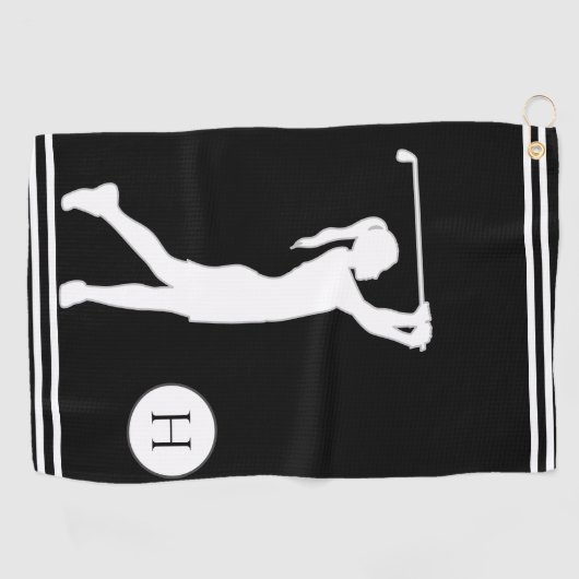 Serviette De Golf Silhouette noire et blanche fille golfeuse dames (Horizontal)