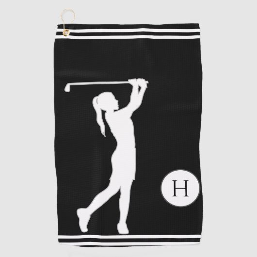 Serviette De Golf Silhouette noire et blanche fille golfeuse dames (Devant)