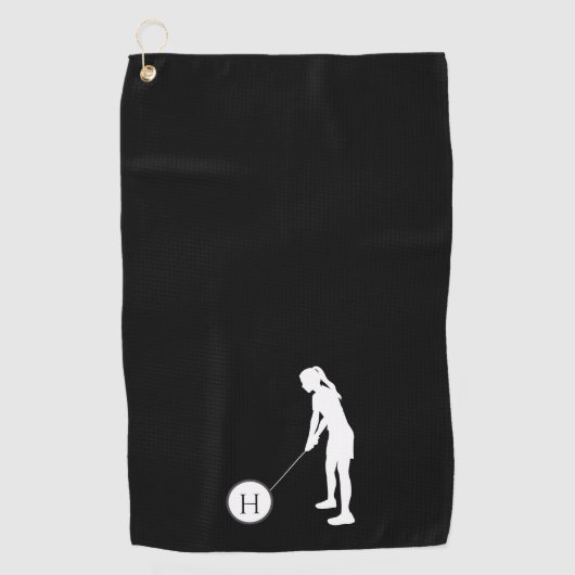 Serviette De Golf Silhouette noire et blanche fille golfeuse dames G (Devant)