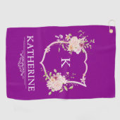 Serviette De Golf Soft Pink Feminine Botanical Crest Purple Monogram (Horizontal)