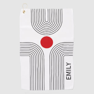 Serviette De Golf Soleil rouge et arcs noirs et blancs du milieu du 