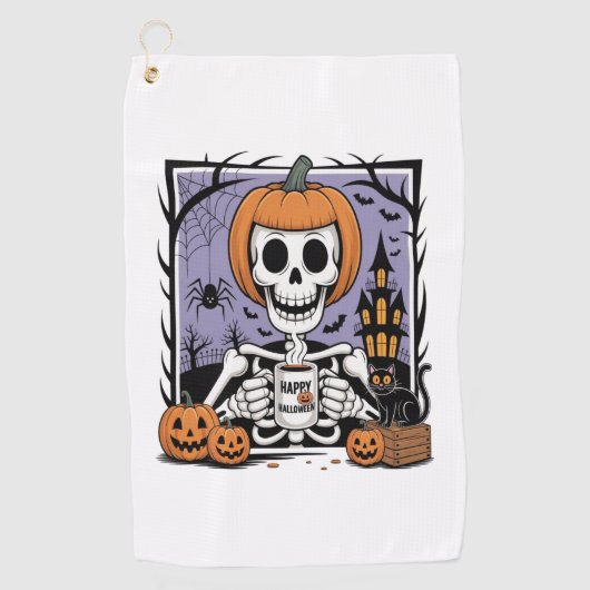 Serviette De Golf Squelette citrouille Boire Café (Devant)