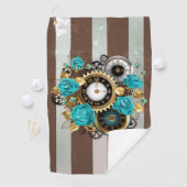 Serviette De Golf Steampunk Clock and Turquoise Roses on Striped (En situation)