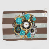 Serviette De Golf Steampunk Clock and Turquoise Roses on Striped (Horizontal)