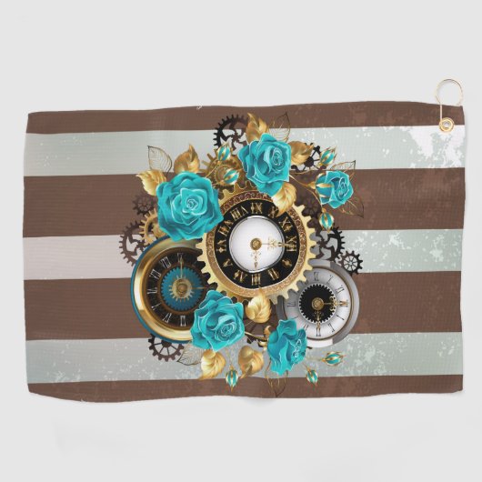 Serviette De Golf Steampunk Clock and Turquoise Roses on Striped (Horizontal)