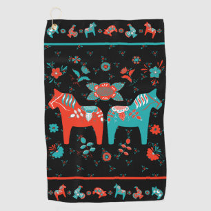 Serviette De Golf Suédois Folk Dala Horse l Turquoise et rouge