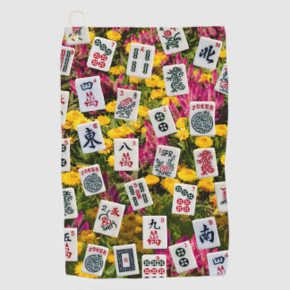 Serviette De Golf Symboles de mahjong sur fond de fleurs sauvages
