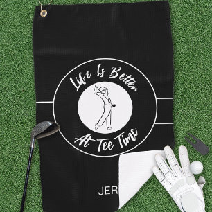 Serviette De Golf Tee Temps Golfer Humour Sports Monogramme Noir Bla