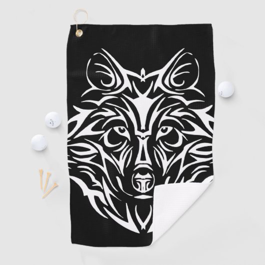 Serviette De Golf Tête de loup blanc sur noir (En situation)