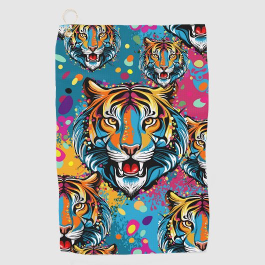 Serviette De Golf Tiger Head Rainbow colors paint stains (Devant)