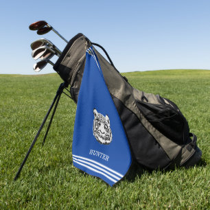 Serviette De Golf Tigre blanc personnalisé et trois bandes sur bleu 