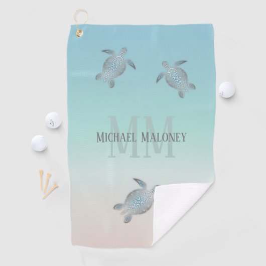 Serviette De Golf Tortues Argent Initiales Votre Nom Beige Turquoise (En situation)