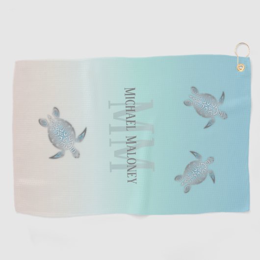 Serviette De Golf Tortues Argent Initiales Votre Nom Beige Turquoise (Horizontal)