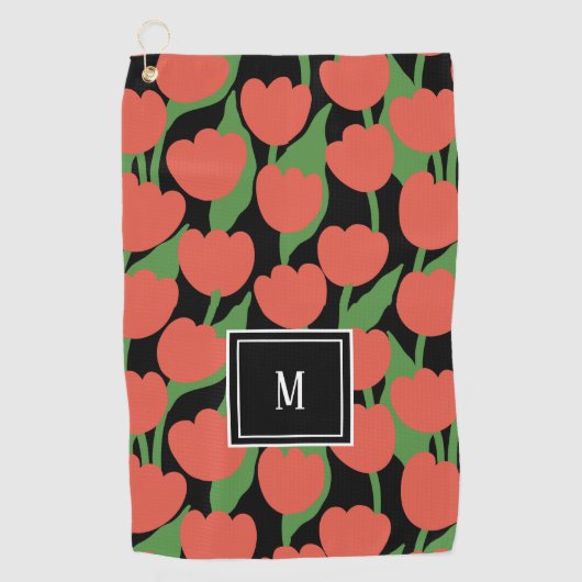 Serviette De Golf Tulipes rouges rétro, monogramme personnalisé (Devant)