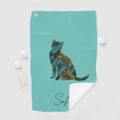Serviette De Golf Turquoise moderne Blue et Gold Cat (En situation)