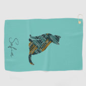 Serviette De Golf Turquoise moderne Blue et Gold Cat (Horizontal)