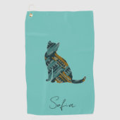 Serviette De Golf Turquoise moderne Blue et Gold Cat (Devant)
